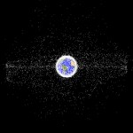 Simulation of orbital debris around Earth demonstrating the object population in the geosynchronous region.