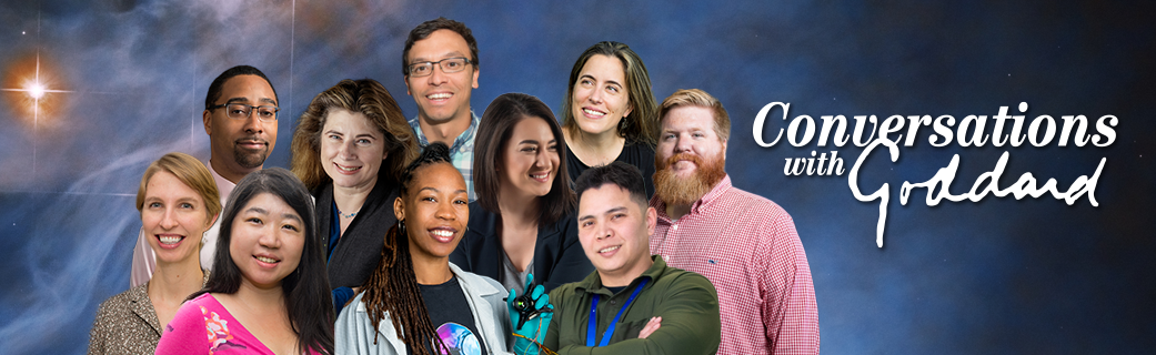 A graphic with a collection of people's portraits grouped together in front of a soft blue galaxy background. The people come from various races, ethnicities, and genders. A soft yellow star shines in the upper left corner, and the stylized text 