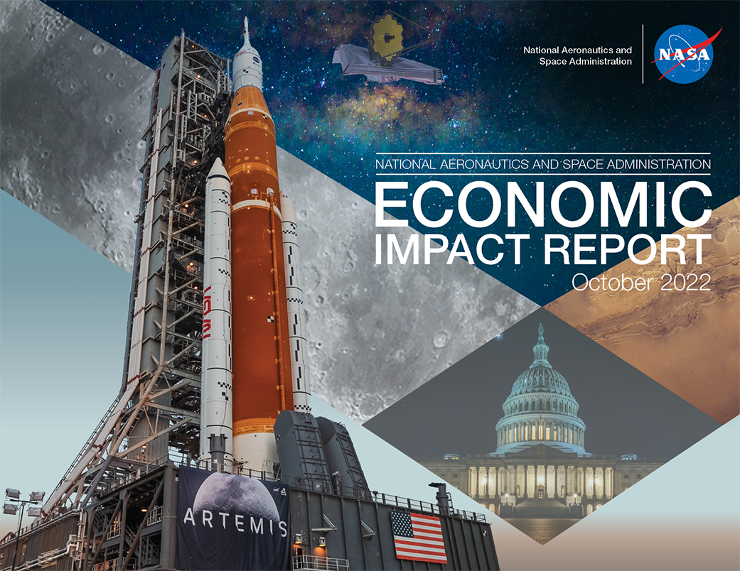 NASA's fiscal year 2021 Economic Impact Report cover page with image of the Capitol, James Webb Space Telescope and Artemis I. 