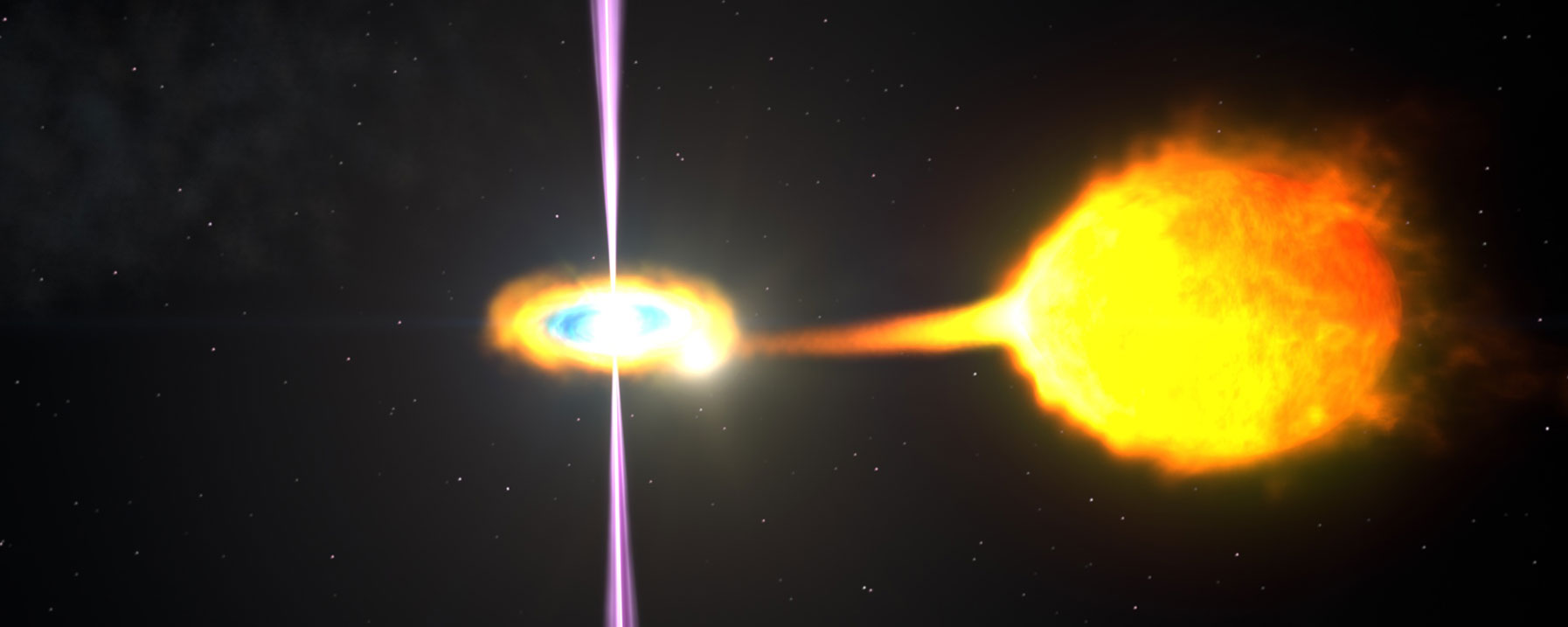 An illustration of an accreting pulsar, or a type of powerful, rotating neutron star actively feeding off a companion star.
