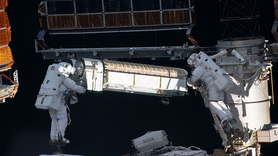 The first rollout solar arrays were installed during a spacewalk on June 16, 2021, by astronauts (from left) Shane Kimbrough and Thomas Pesquet.