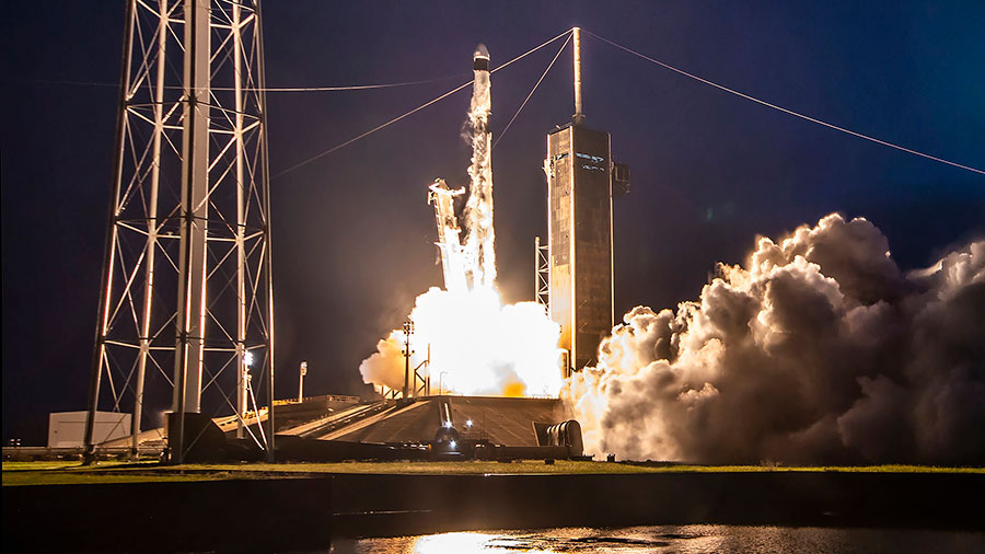 The SpaceX Dragon cargo craft launches atop the company's Falcon 9 rocket from NASA's Kennedy Space Center on July 14, 2022. Credit: SpaceX