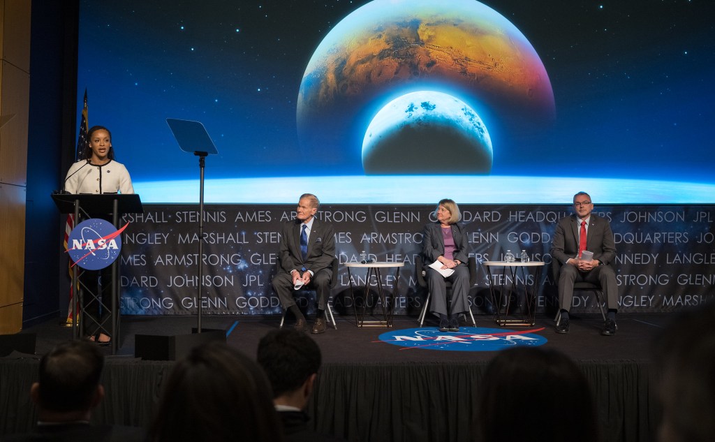 NASA Press Secretary, Faith McKie, left, moderates the annual State of NASA address, as NASA Administrator Bill Nelson, NASA Deputy Administrator Pam Melroy, and NASA Associate Administrator Jim Free, right, look on, Monday, March 11, 2024, at the Mary W. Jackson NASA Headquarters Building in Washington.