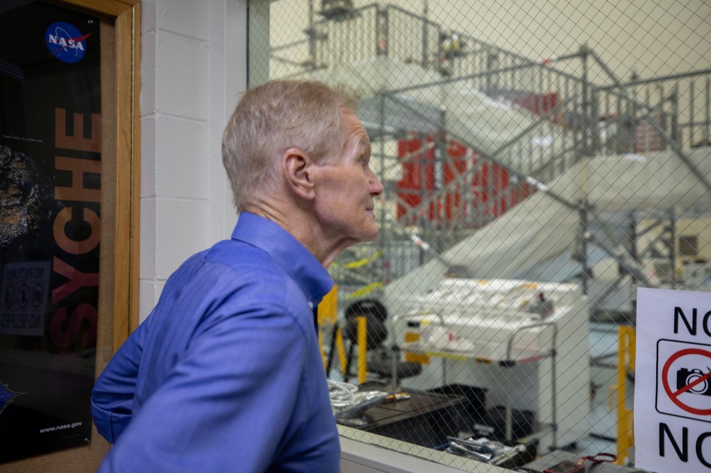 NASA Administrator Bill Nelson visits the agency’s Europa Clipper spacecraft inside the Payload Hazardous Servicing Facility at NASA’s Kennedy Space Center in Florida on Thursday, Aug. 29, 2024.