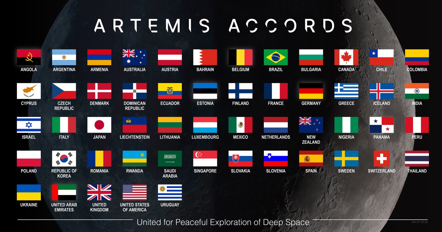 This graphic displays the flags of the nations that have signed the Artemis Accords against a background image of the Moon in the blackness of space. The graphic is titled “Artemis Accords.” The words, “United for Peaceful Exploration of Deep Space” appear on the bottom of the image.