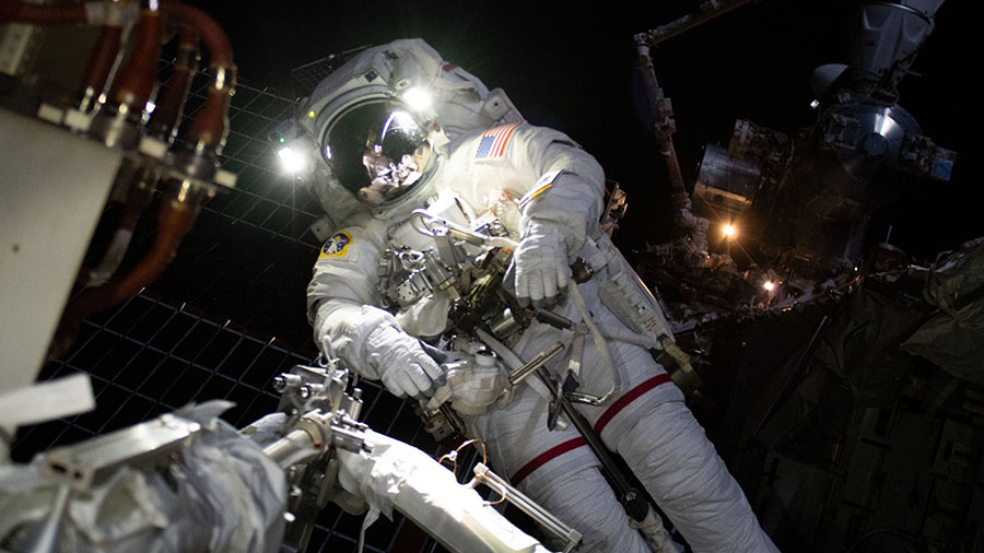 Astronaut Josh Cassada is pictured during a spacewalk on Nov. 15, 2022, to ready the space station for future rollout solar array installation work.