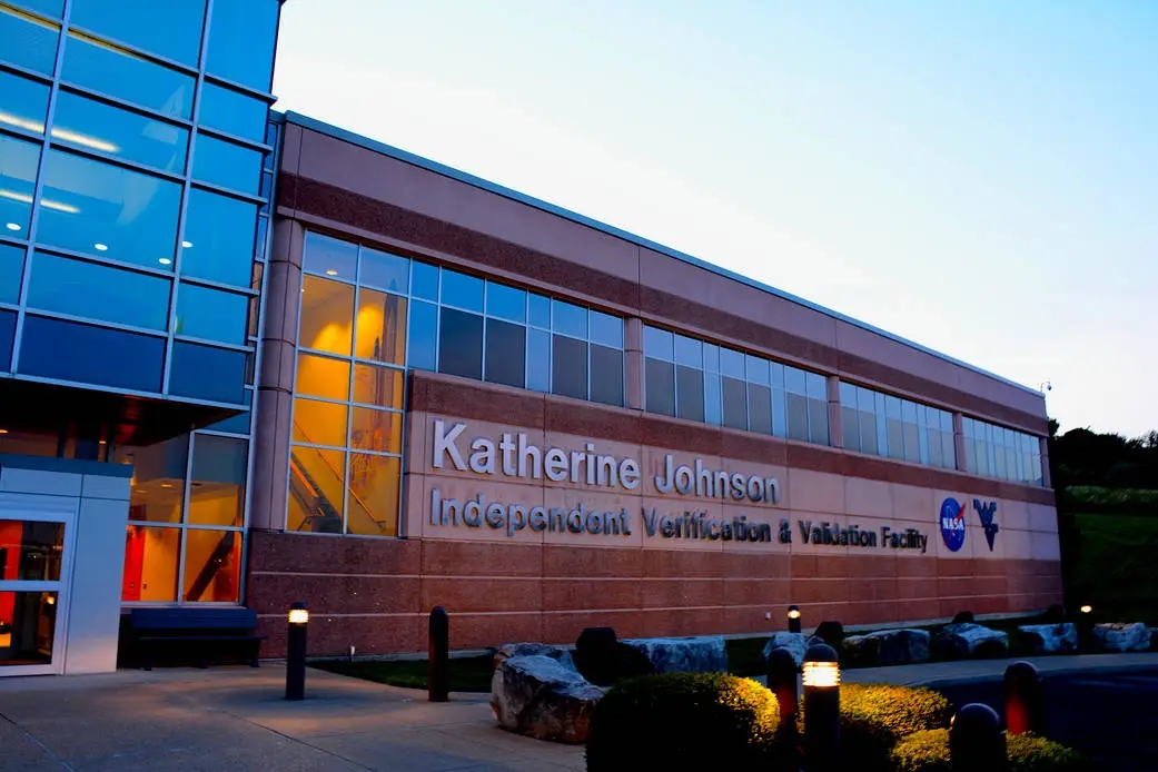 Looking at the front of the Katherine Johnson Facility building just before dark.