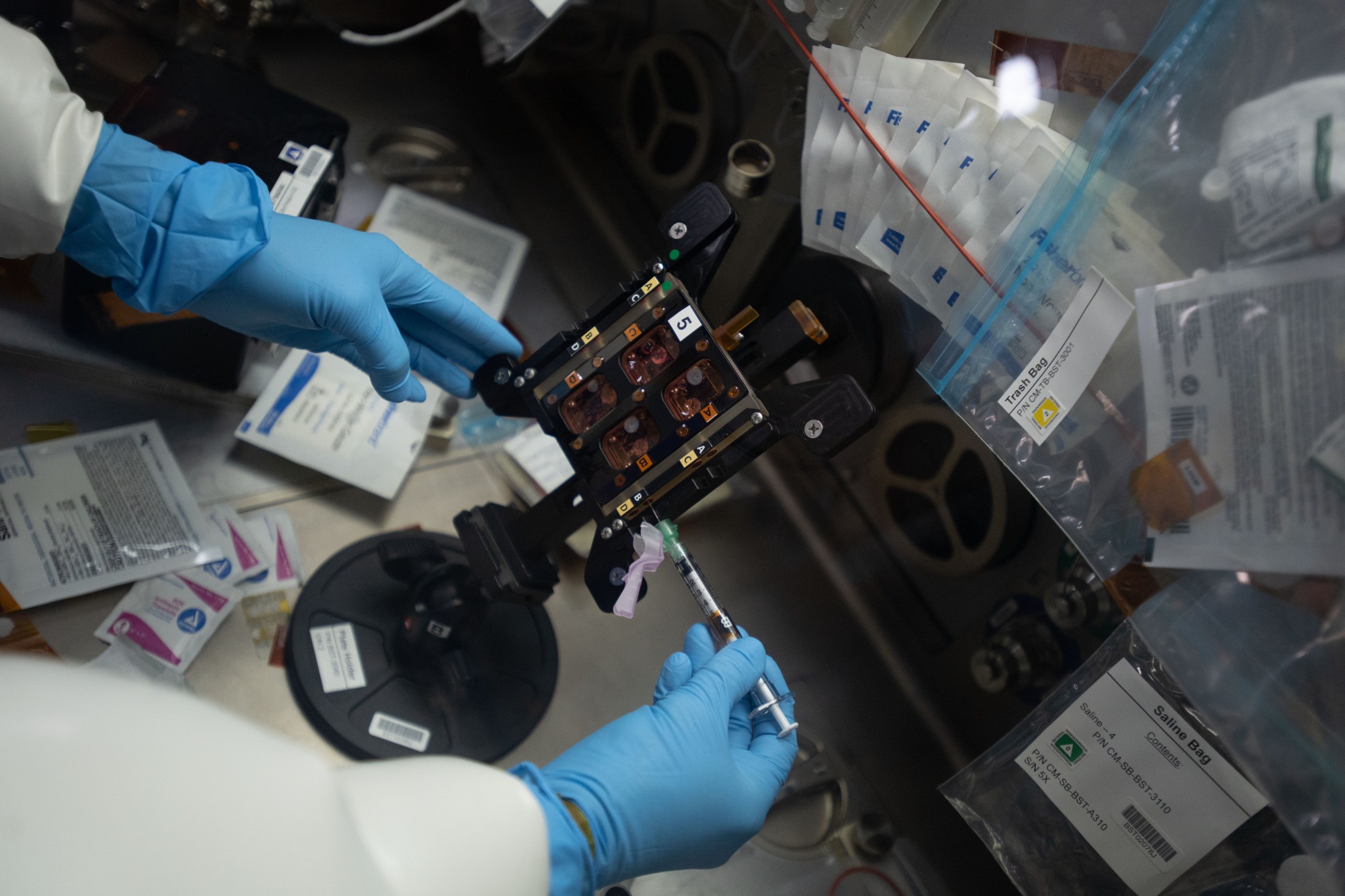 NASA astronaut Megan McArthur’s hands are shown wearing blue medical gloves. In front of her hands is a CD-sized black structure with orange circles.