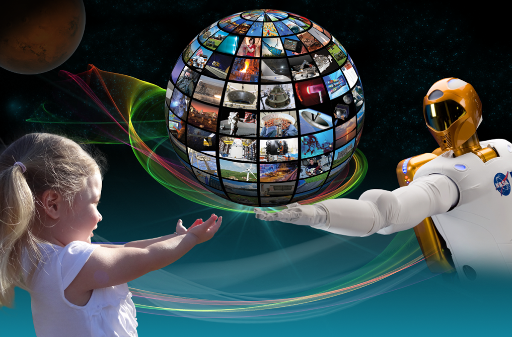 Graphic of a little girl reaching out her hand to the globe made of images while Robonaut is on the other side of the globe reaching out to the little girl