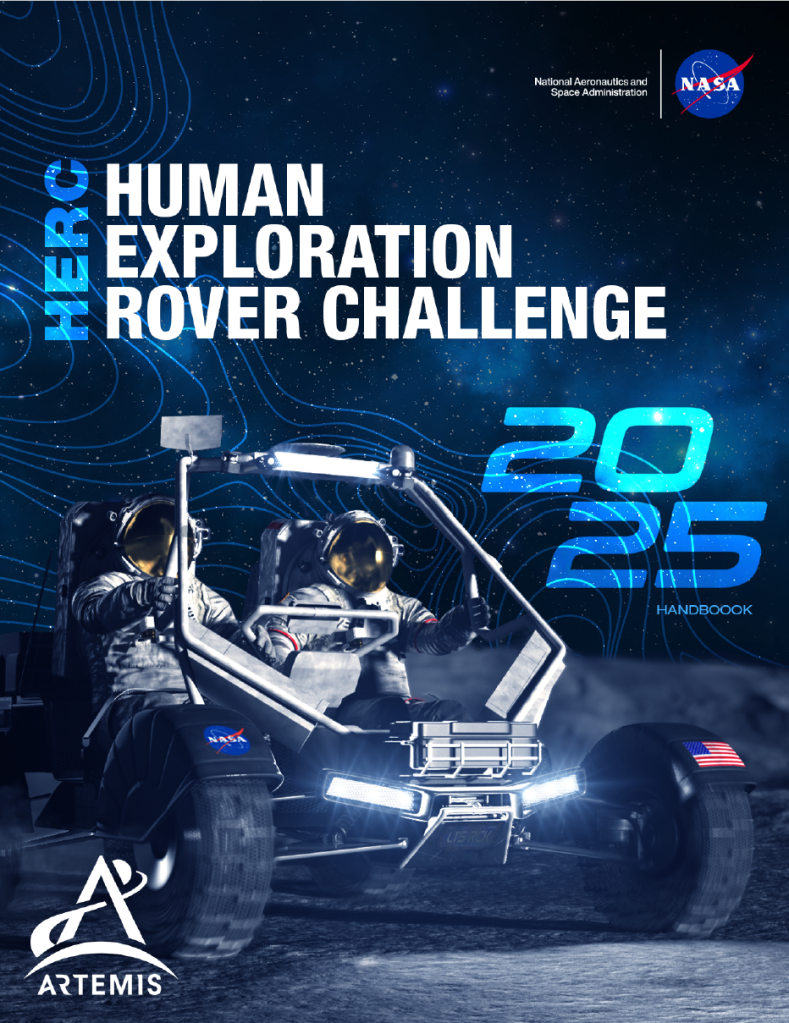 Cover of the 2025 Human Exploration Rover Challenge handbook featuring two astronauts in a rover on the moon