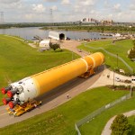 The Artemis II Core Stage rolls out of the Vertical Assembly Building to the waiting Pegasus barge at NASA’s Michoud Assembly Facility in New Orleans in preparation for delivery to Kennedy Space Center.