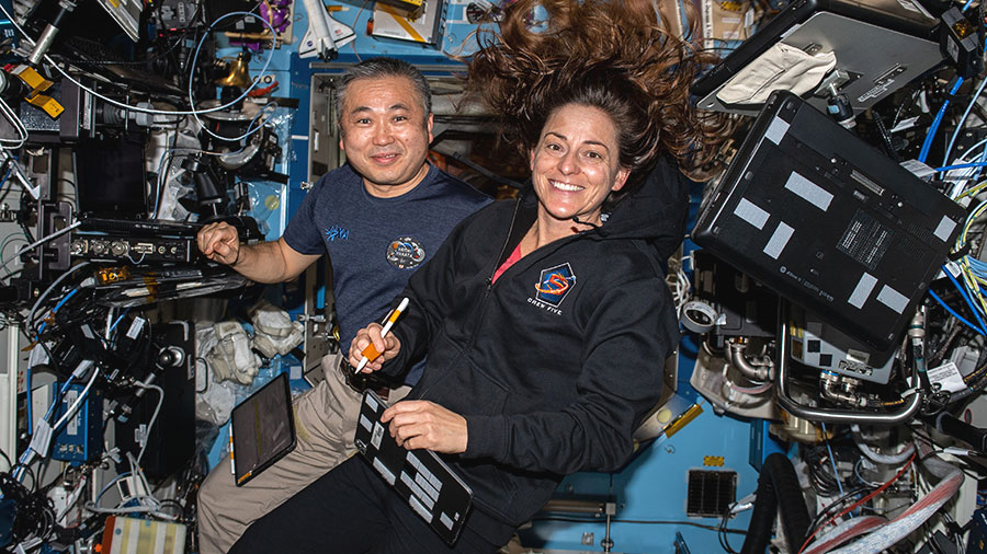 Astronauts Koichi Wakata and Nicole Mann are pictured inside the space station's Destiny laboratory module.