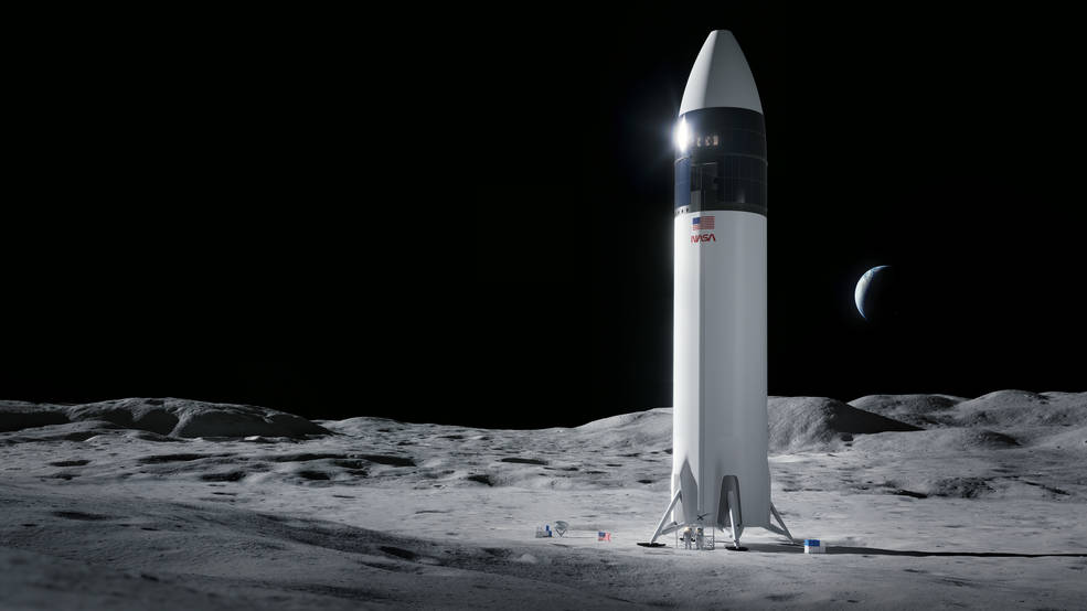 A SpaceX Starship mock up on the Moon. 