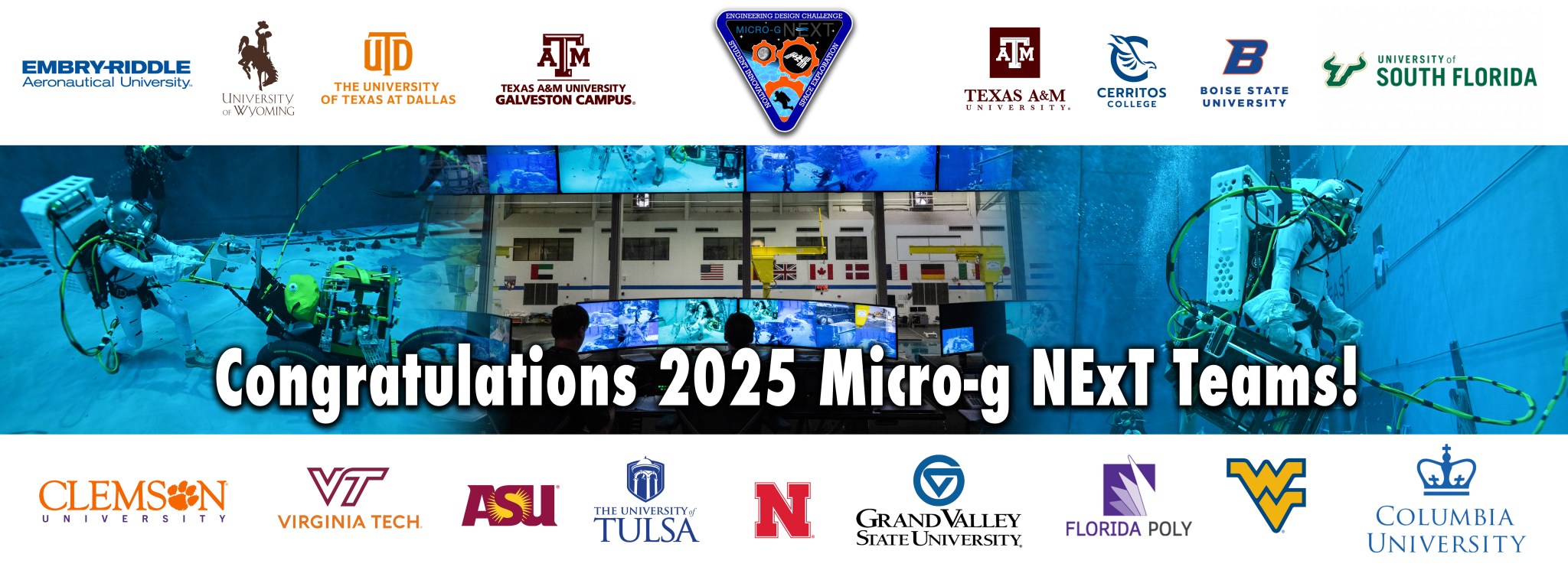 Banner showcasing the 18 university teams selected to participate in the 2025 Micro-g NExT challenge