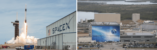 A side-by-side photo of SpaceX's processing hangar and Boeing's Commercial Crew and Cargo Processing Facility at NASA's Kennedy Space Center in Florida.
