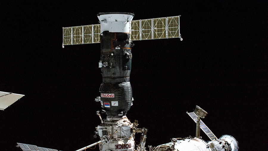 The ISS Progress 82 cargo craft is pictured shortly after docking to the space station in October of 2022.