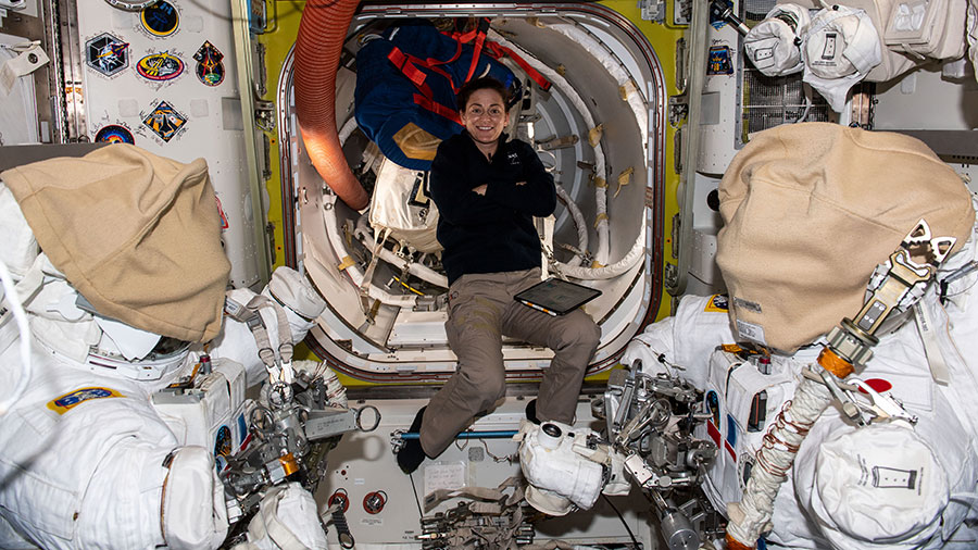 Astronaut Nicole Mann is pictured inside the Quest airlock organizing spacewalk tools and hardware on Jan. 31, 2023.