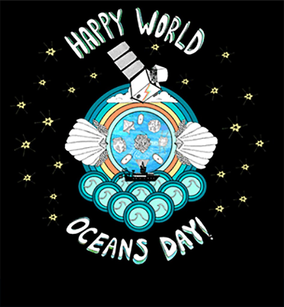 An illustration representing clouds and the ocean with the words Happy World 