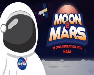 Cartoon astronaut on the Moon below a Moon 2 Mars logo