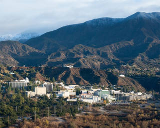 Photo of NASA's Jet Propulsion Laboratory nestled in the Pasadena, California hillside