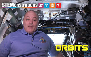 Close-up of astronaut Scott Tingle on the International Space Station and the word "Orbits"