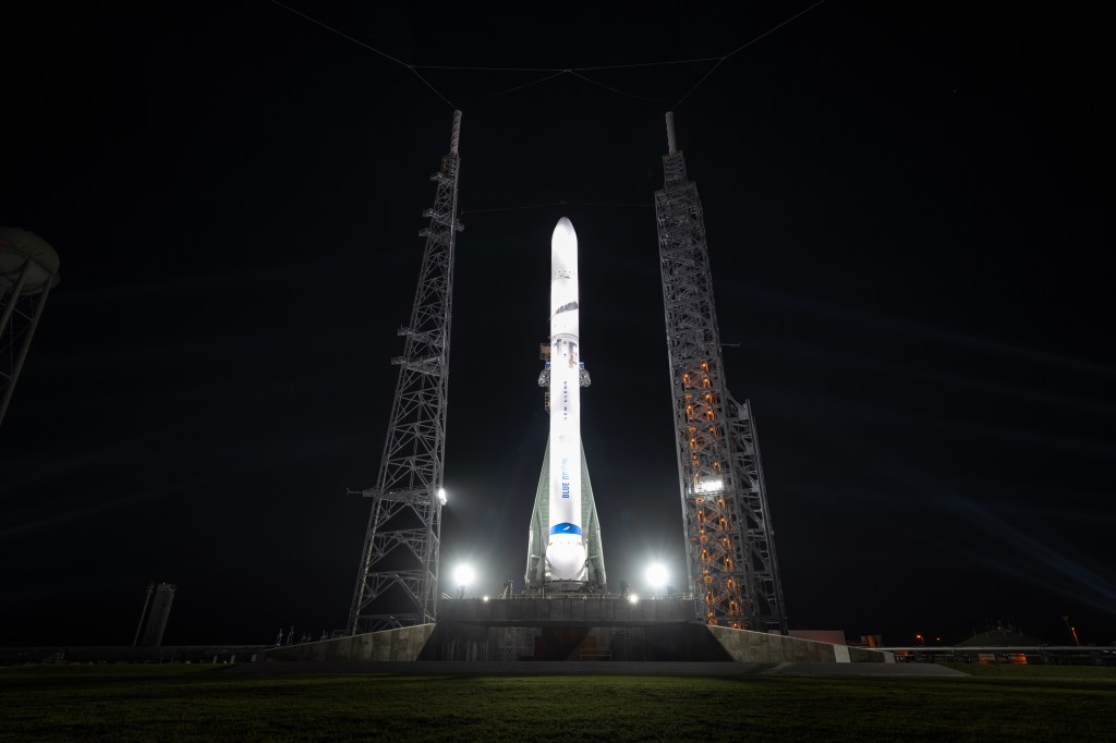 The New Glenn vehicle rolled out and upended for the first time at Space Launch Complex 36 on Cape Canaveral Space Force Station in Florida to undergo a series of tanking and mechanical system tests in February 2024.