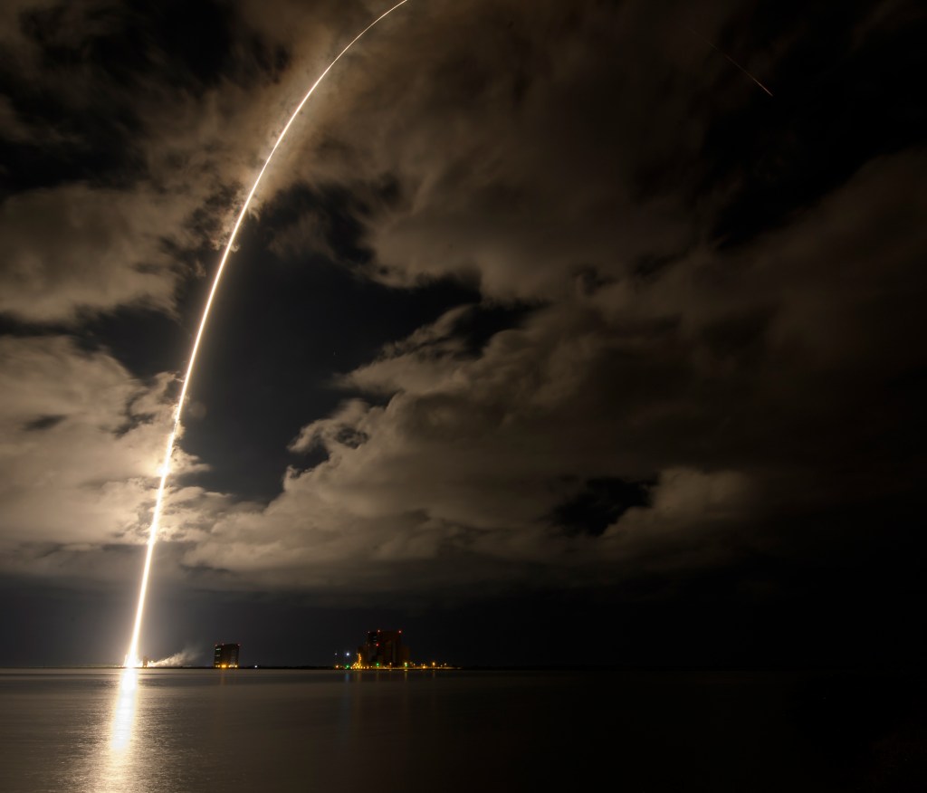 A United Launch Alliance Atlas V rocket with the Lucy spacecraft aboard is seen in this 2 minute and 30 second exposure photograph as it launches.