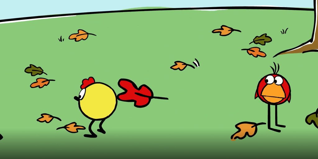Bird cartoon characters with colorful leaves on the ground and floating in the wind demonstrating weather factors