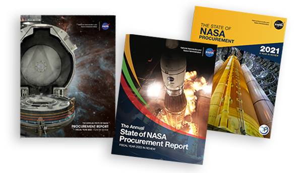 Covers of the Fiscal Year 2021, Fiscal Year 2022, and Fiscal Year 2023 State of NASA Procurement Annual Report