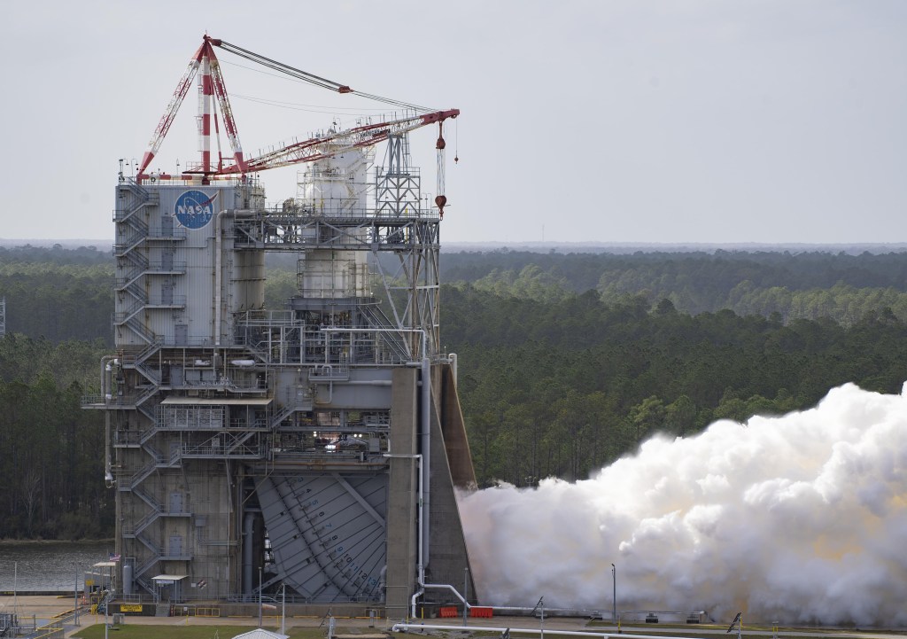 NASA conducts an RS-25 hot fire on the Fred Haise Test Stand at Stennis Space Center in south Mississippi on Feb. 22, 2023.