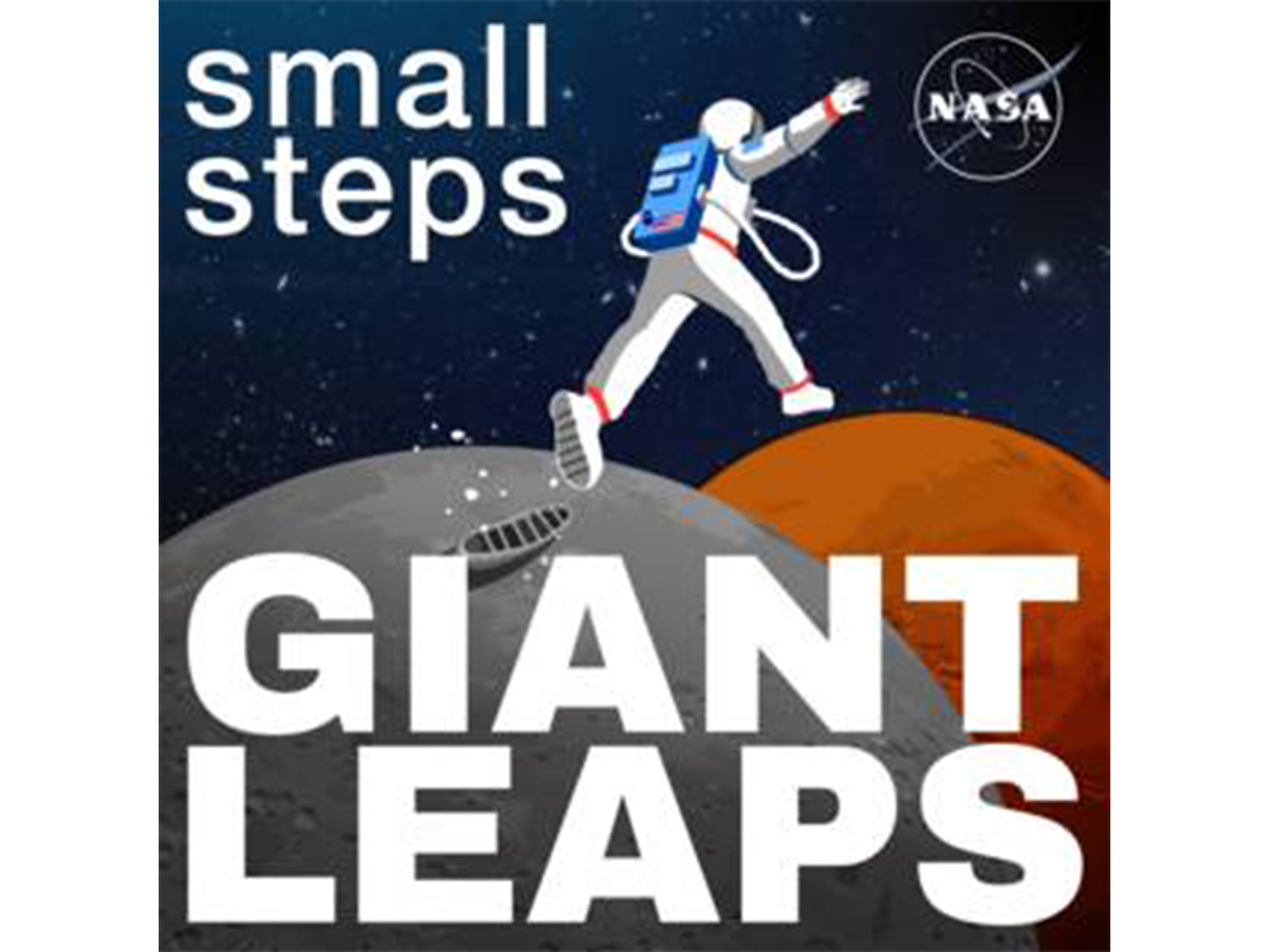 Podcast logo featuring an illustrated astronaut leaping from the Moon to Mars. Credit: NASA