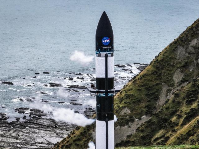Rocket Lab's Electron rocket is seen at Launch Complex 1 in Mahia, New Zealand.