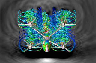 Concept of 6-passenger quadcopter is run through a computer simulation to visualize the interaction of airflow and the 4 rotors.