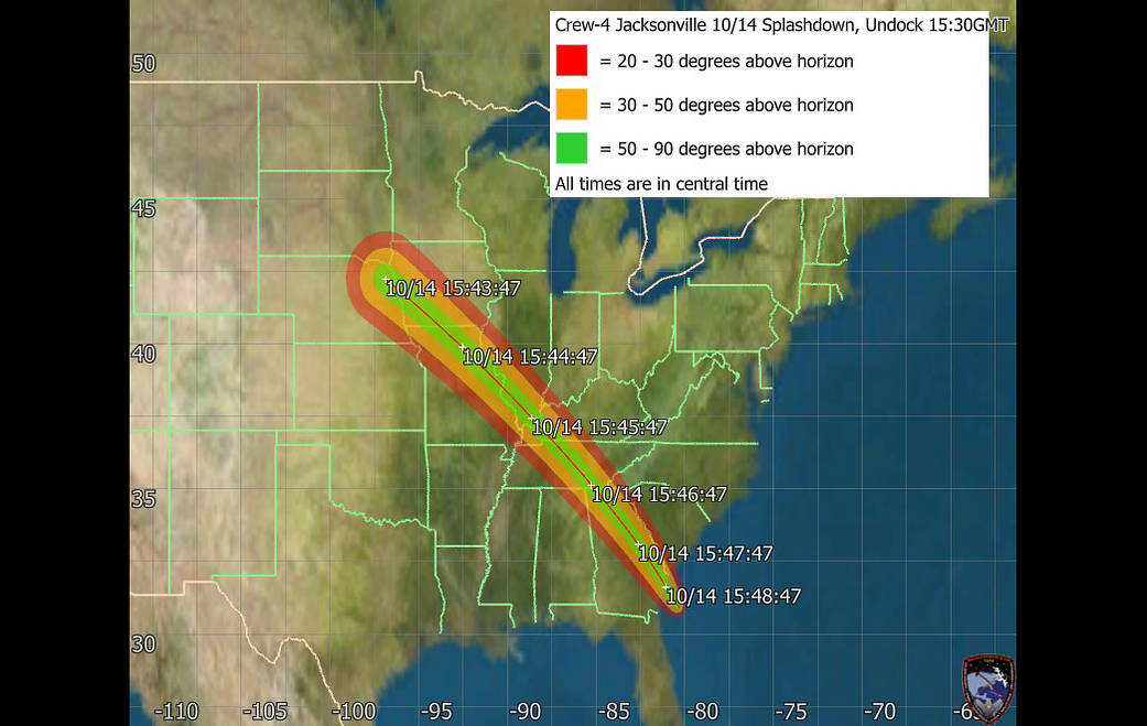 Tracking map of SpaceX Crew-4 splashdown, Oct. 14, 2022 showing where the spacecraft will be visible across the southeastern United States.