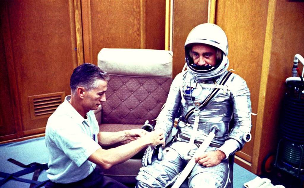 Gus Grissom in Personal Equipment Room of Hangar S