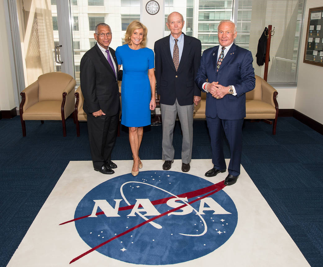 Administrator Bolden, left, welcomes Carol Armstrong, Buzz Aldrin and Mike Collins to NASA HQ. 