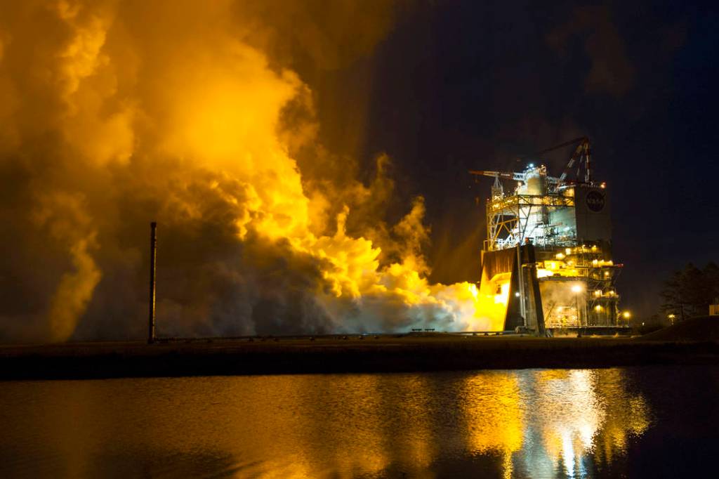 The RS-25 engine fires up for a 500-second test Jan. 9 at NASA's Stennis Space Center near Bay St. Louis, Mississippi.