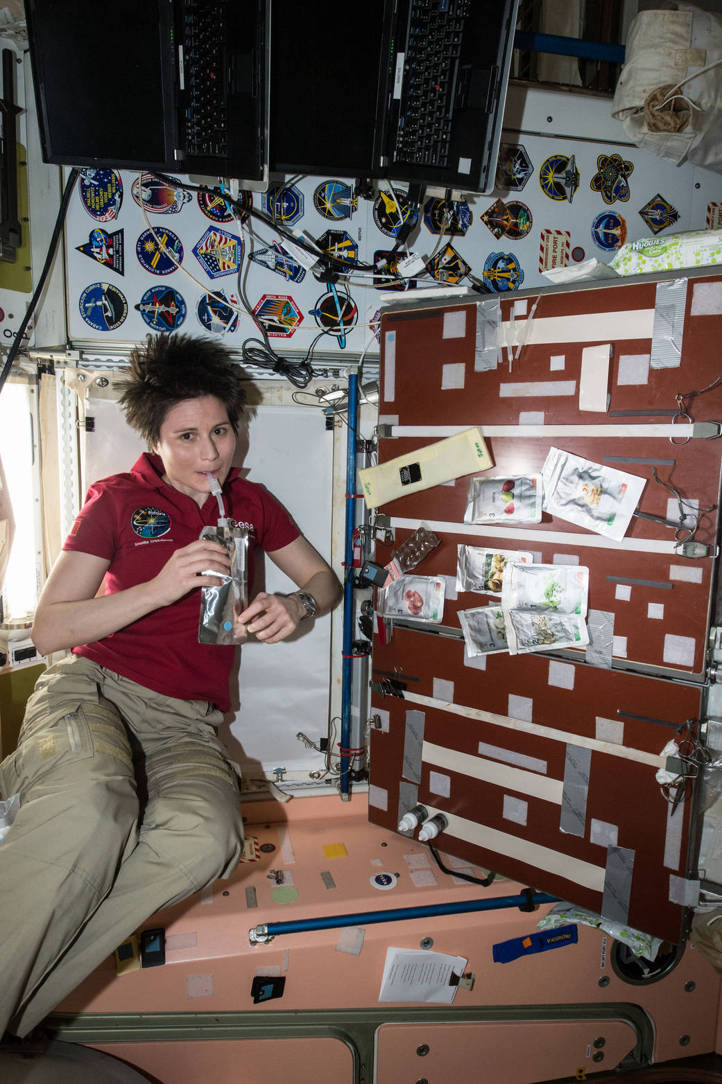  Samantha Cristoforetti Seen Taking a Drink in the Unity Module