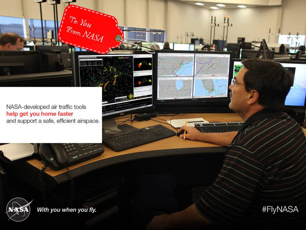 NASA-developed air traffic tools help get you home faster and support a safe, efficient airspace. Image showing someone sitting at a desk looking at the screen.