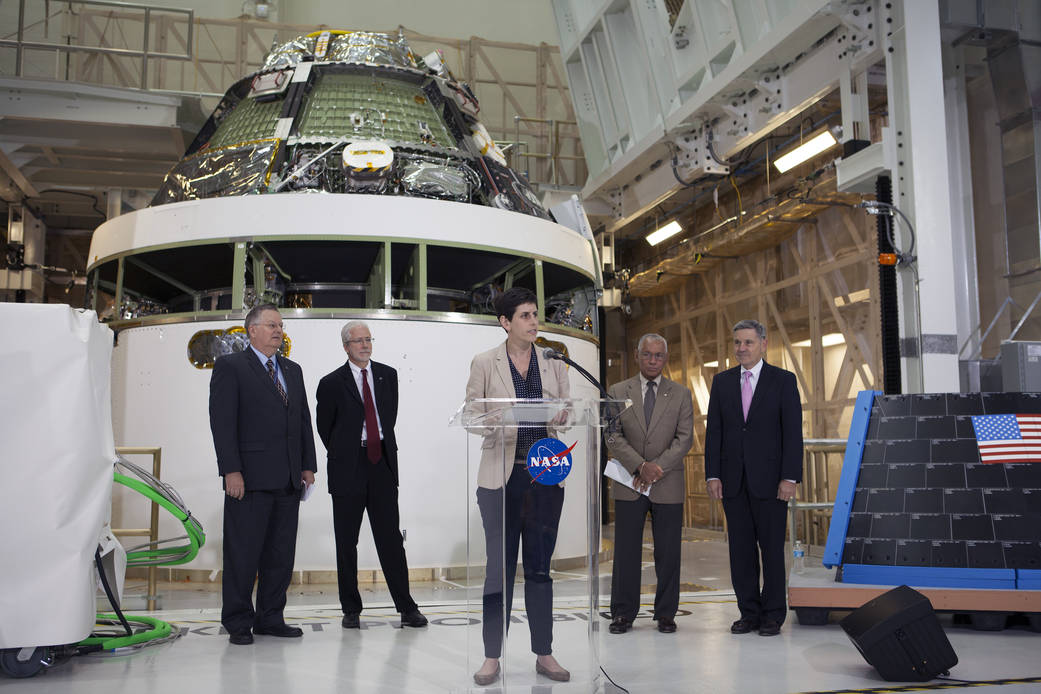 NASA Public Affairs Officer Rachel Kraft welcomes members of the media to the Operations and Checkout Building high at NASA's Ke