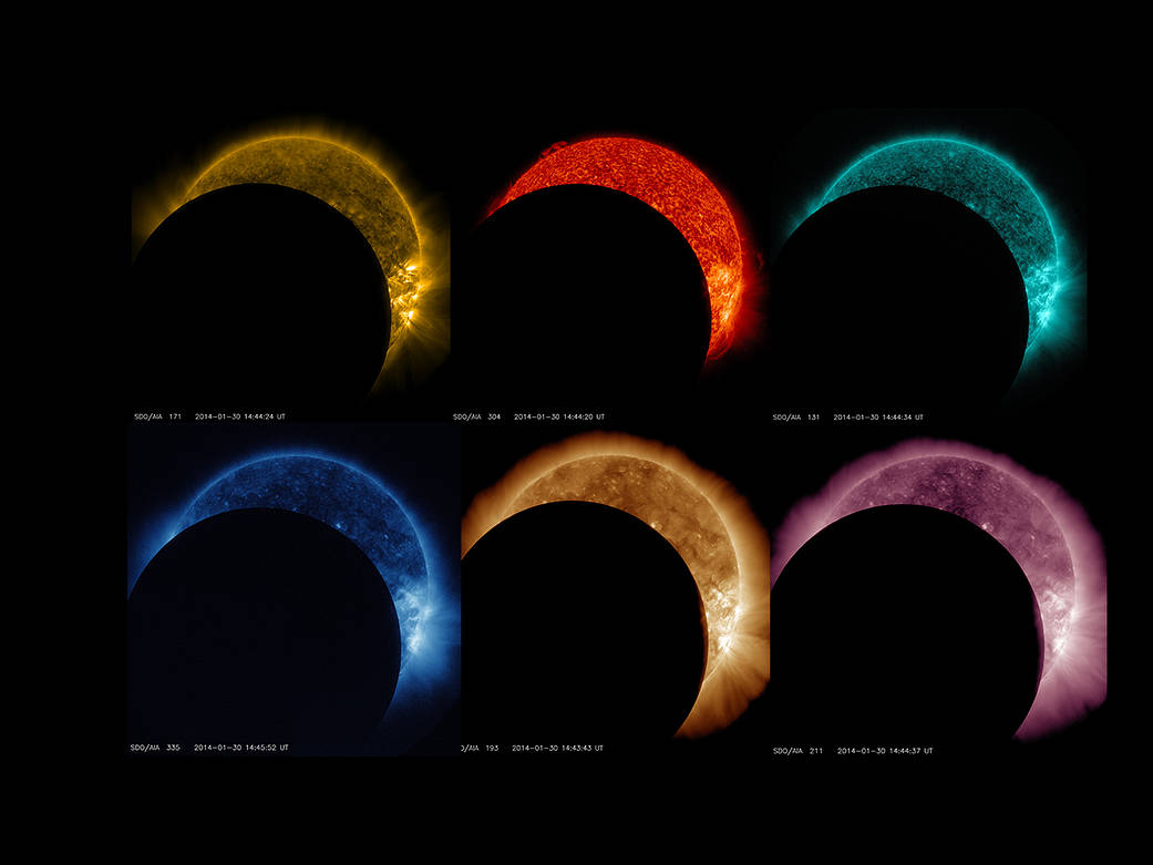 A rainbow of lunar transits as seen by NASA's Solar Dynamics Observatory.