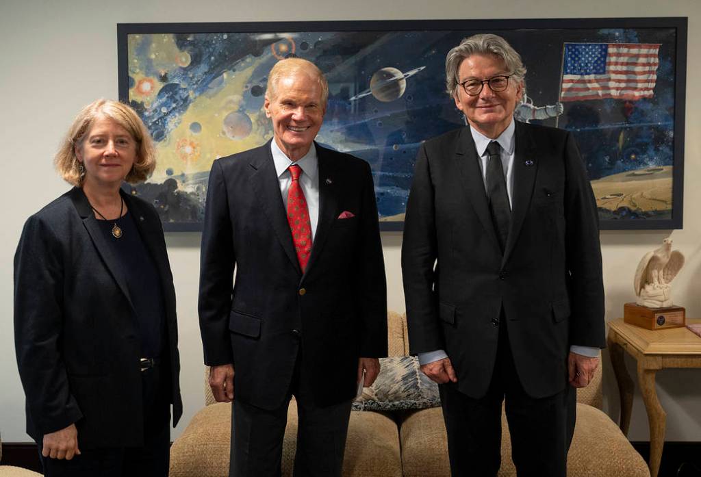 NASA Deputy Administrator Pam Melroy, left, NASA Administrator Bill Nelson, center, and European Union Commissioner Thierry Breton, right, met to discuss U.S. and European space cooperation, Monday, Sept. 20, 2021