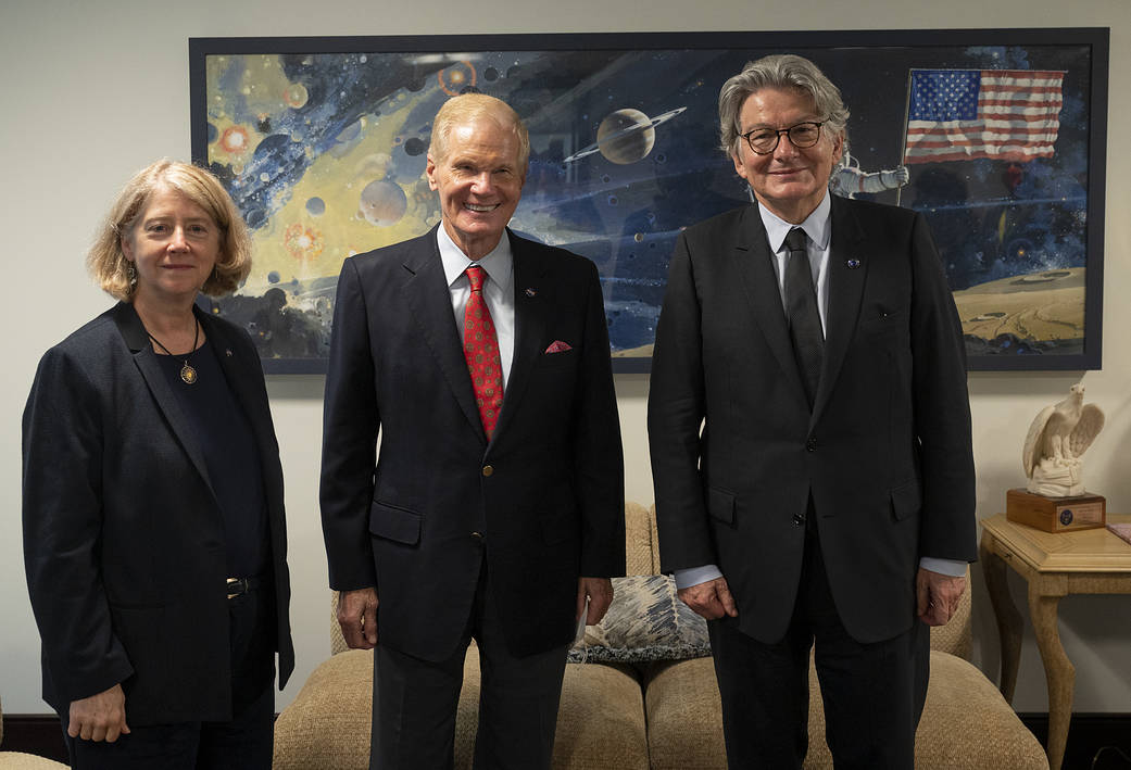 NASA Deputy Administrator Pam Melroy, left, NASA Administrator Bill Nelson, center, and European Union Commissioner Thierry Breton, right, met to discuss U.S. and European space cooperation, Monday, Sept. 20, 2021