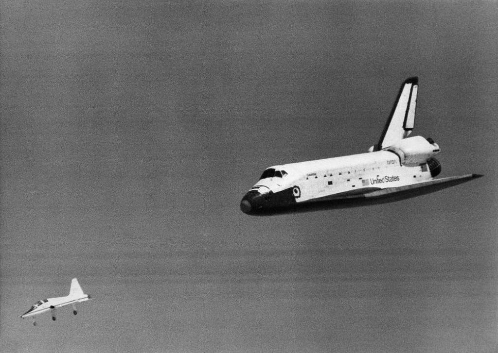 STS-1 Space Shuttle Columbia Glides Down Over Rogers Dry Lake.