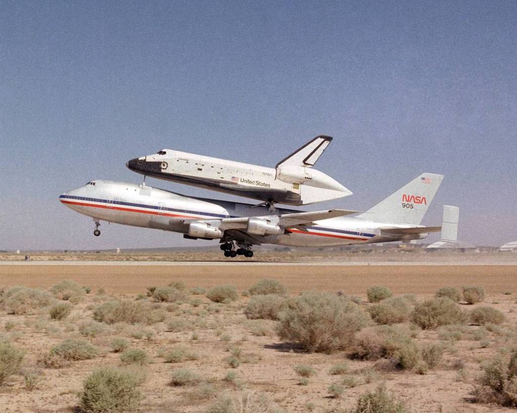 NASA’s 747 with Columbia Atop Ferries the Shuttle Back to KSC