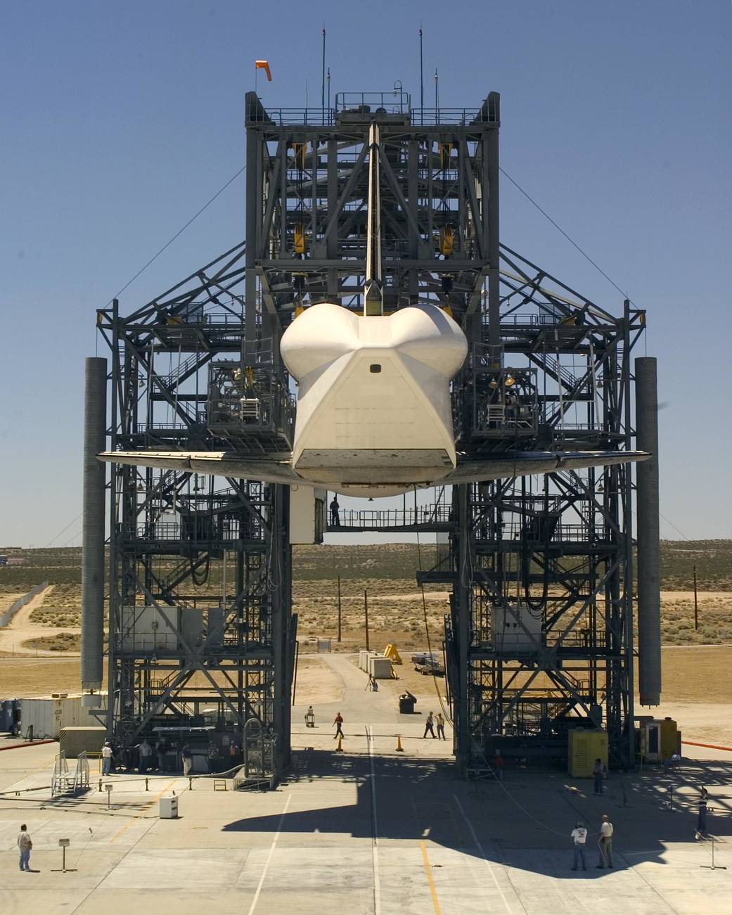 STS-114 Shuttle Discovery is Raised for the 747 Shuttle Carrier Aircraft to Position Itself Underneath