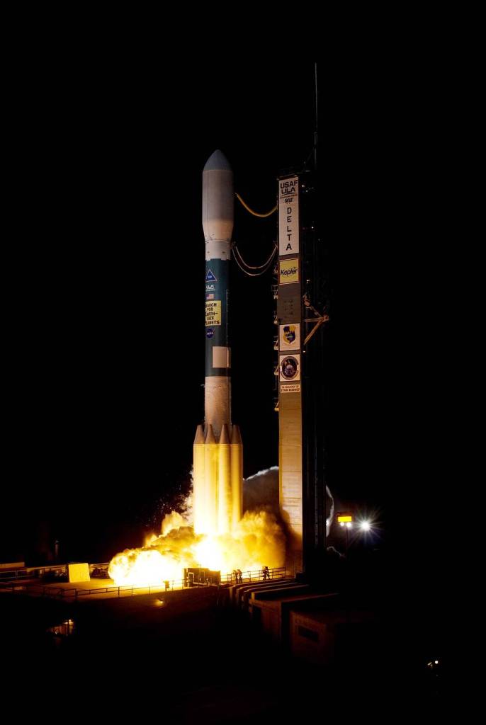 On Launch Pad 17-B at Cape Canaveral Air Force Station in Florida, a Delta II rocket lifts off with NASA's Kepler observatory.