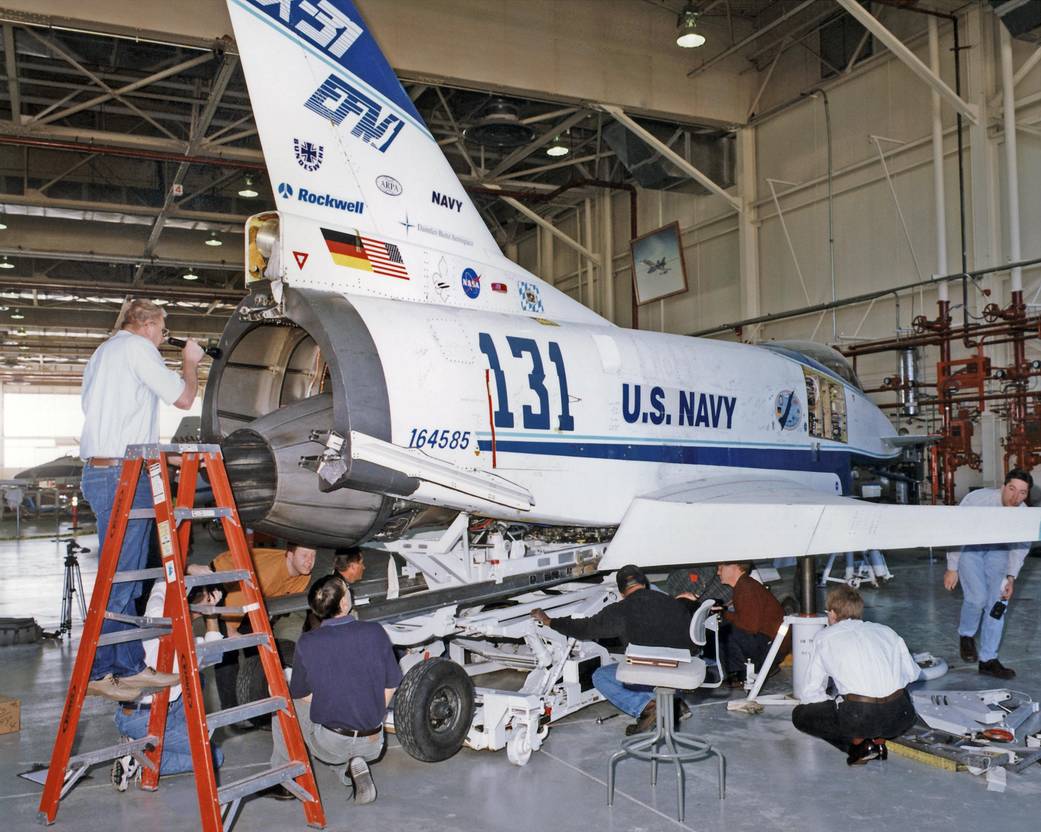 X-31 Team Members Perform an Engine Fit Check