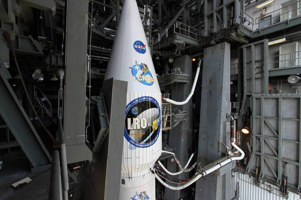 This photo reveals the payload fairing carrying NASA's Lunar Reconnaissance Orbiter and Lunar Crater Observation and Sensing Satellite ready to roll out atop the Atlas V/Centaur.