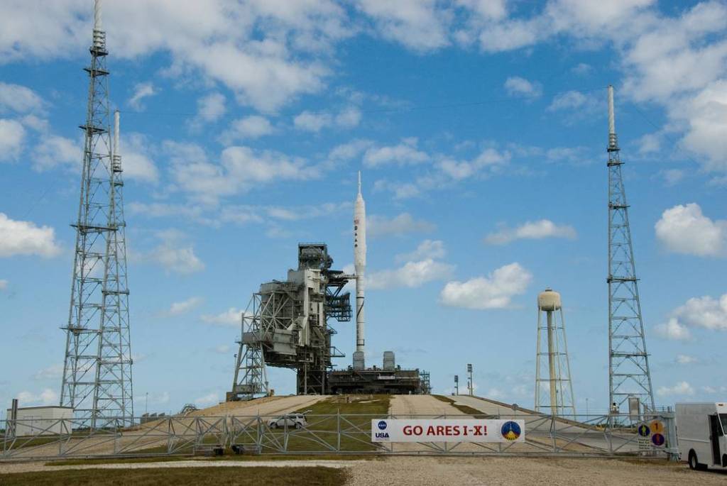 The Launch Pad 39B perimeter fence at NASA's Kennedy Space Center in Florida is closed following the arrival of the towering 327-foot-tall Ares I-X rocket. 